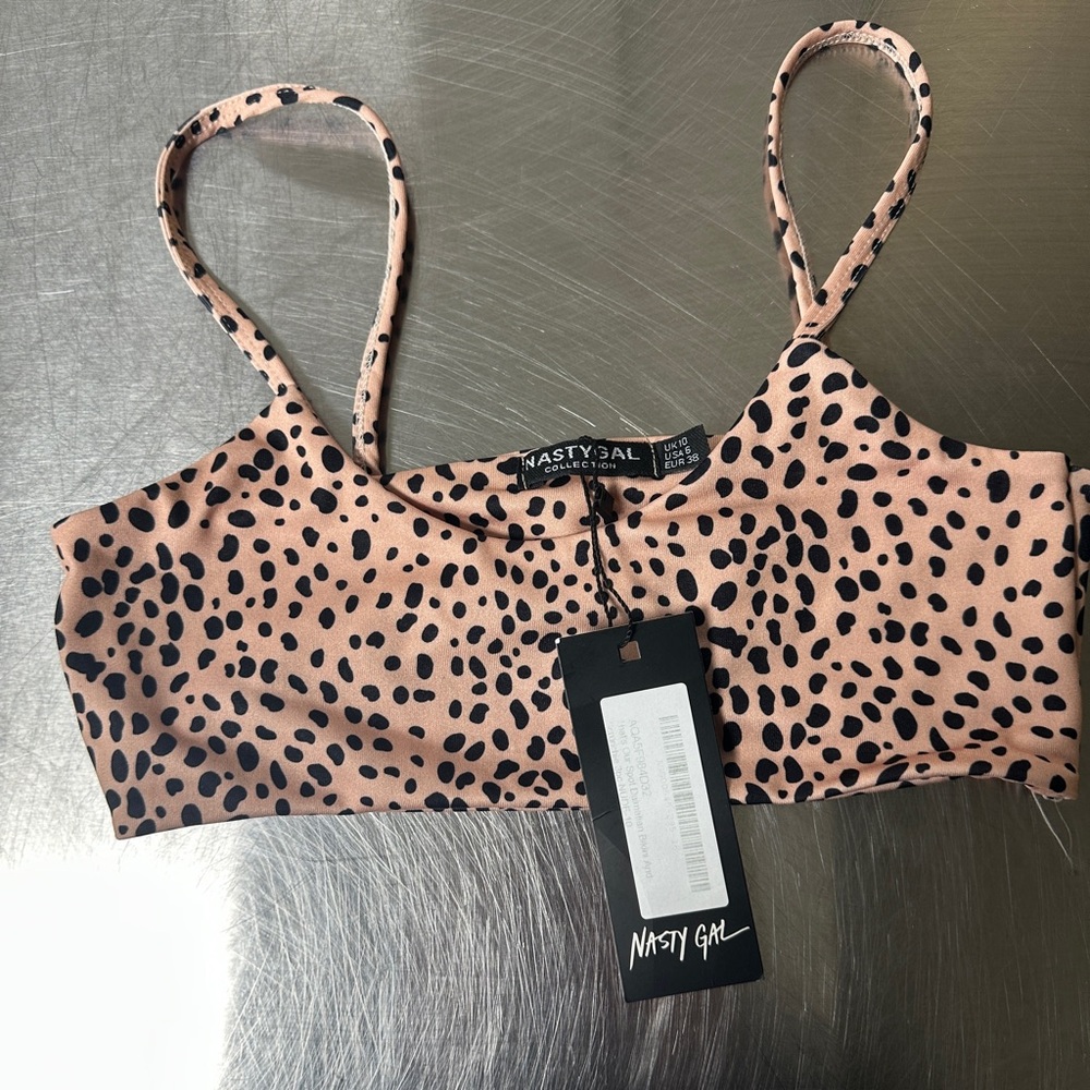 Nasty Gal Spotted Dalmatian Print Bikini Top in Black and Pale Pink Nude. Size 6